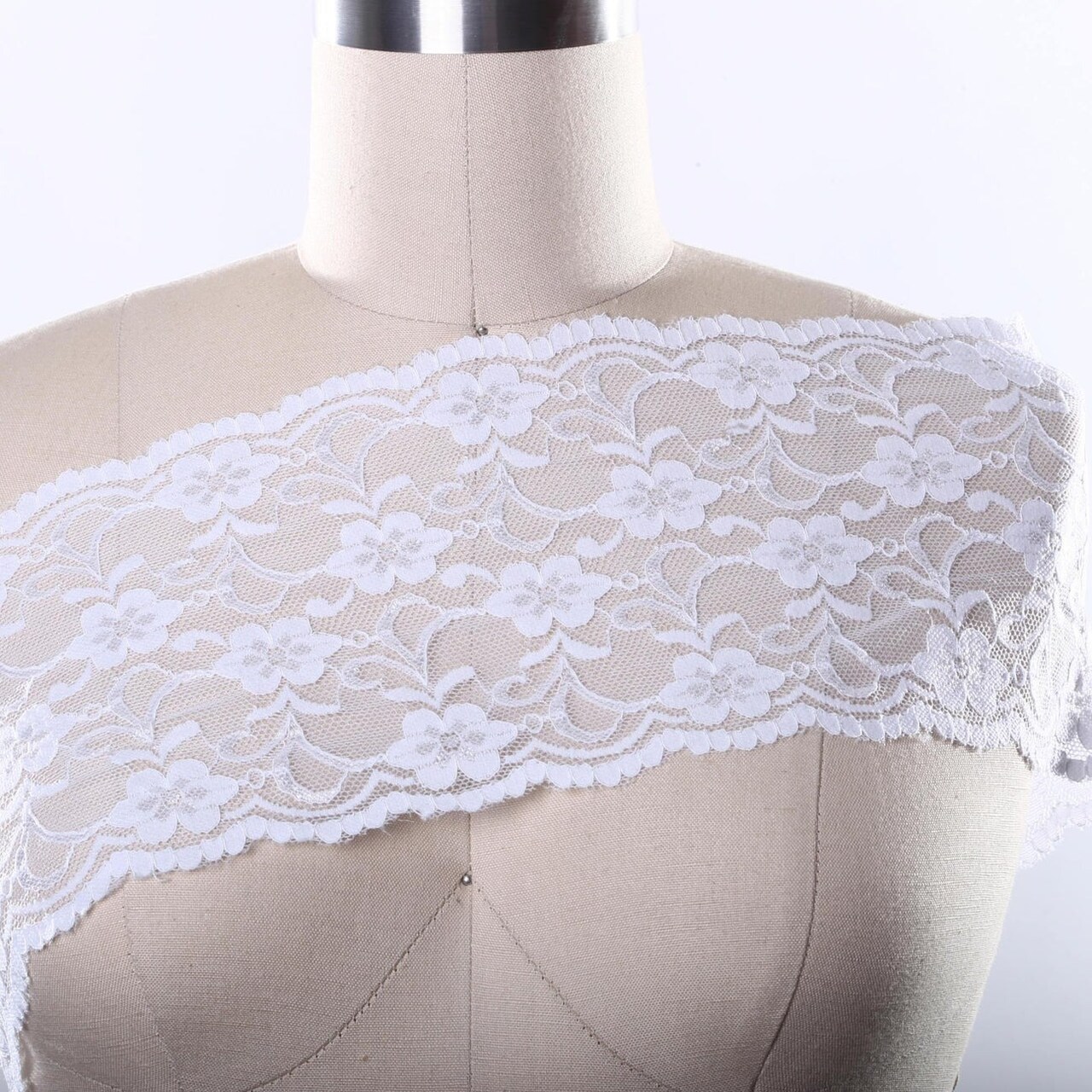 1 Yard White Ultra Wide Stretch Lace Flower Motif Elasticated Trim for Shirts Lingerie and Overlays 6.5 Inch Wide